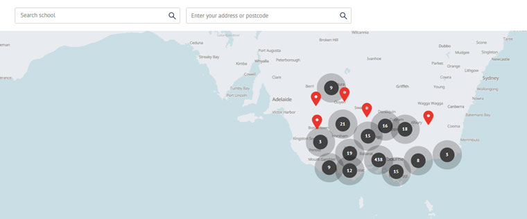 The tool offers a map of schools within a 10-kilometer radius.