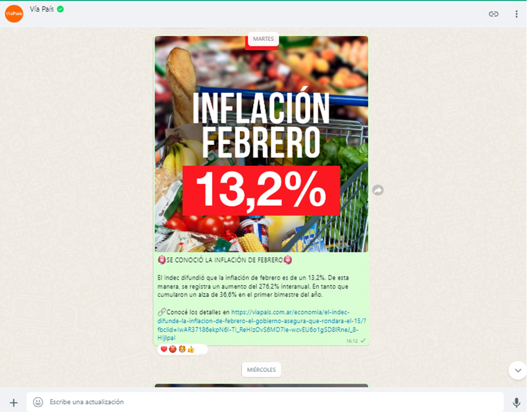 The format of all WhatsApp notifications to Vía País’ audience is uniform.