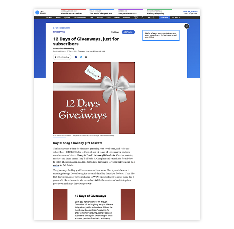 The 12 Days of Giveaways event encouraged subscribers who entered to visit, on average, another eight articles.