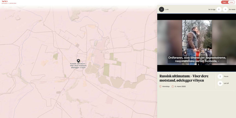 After verifying the story of Russian soldiers allegedly holding hand grenades over their heads and the Konotop mayor conveying an ultimatum, the video is pinned in the interactive map. By pressing the pin, users can watch the video.