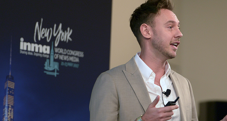 Michael Laxton, chief marketing officer for Fairfax Media, speaks during the Brainsnacks session of INMA World Congress on Sunday.