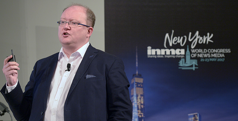 Grzegorz Piechota speaks about paid content at INMA World Congress Brainsnacks session on Sunday.