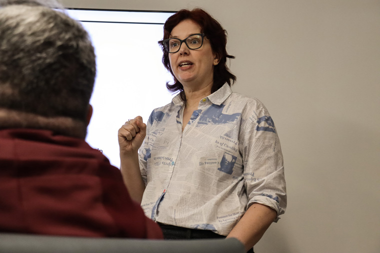 Jennifer Hollett, executive director at The Walrus, speaks to attendees of the INMA Media Subscription Summit study tour.