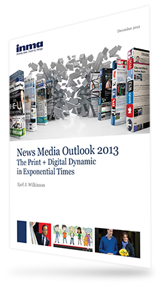 Exploding Books. Cover of News Media Outlook 2013 The Print + Digital Dynamic in Exponential Times report