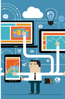 An animated image of a man with several arms reaching to tablet, laptop, tv.