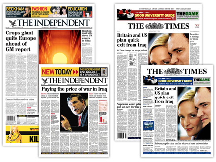 Newspaper covers for The Independent and The Times.