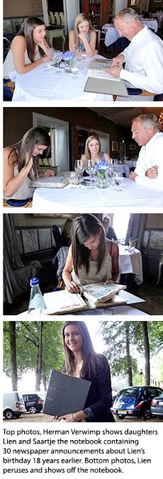 Family of three at a restaurant looking at the newspaper birth announcement fillled notebook.