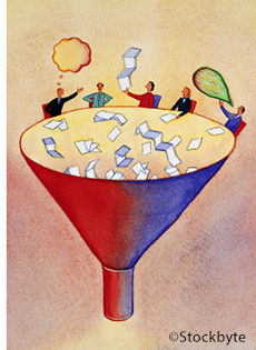 Illustraion of several people throwing papers and publications down a funnel.