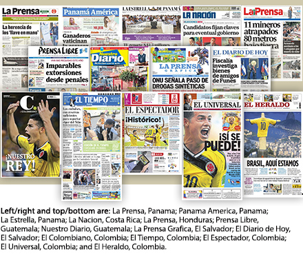 Fourteen newspaper covers from Latin America.