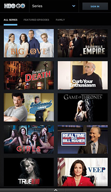Screenshot of HBO Go app with several TV Shows being spotlighted.