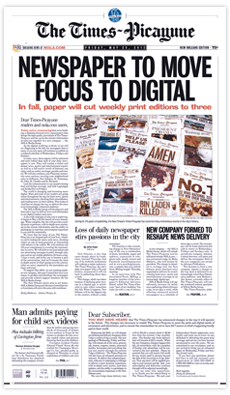 Cover of The Times of Picayune announcing Newspaper To Move Focus To Digital.