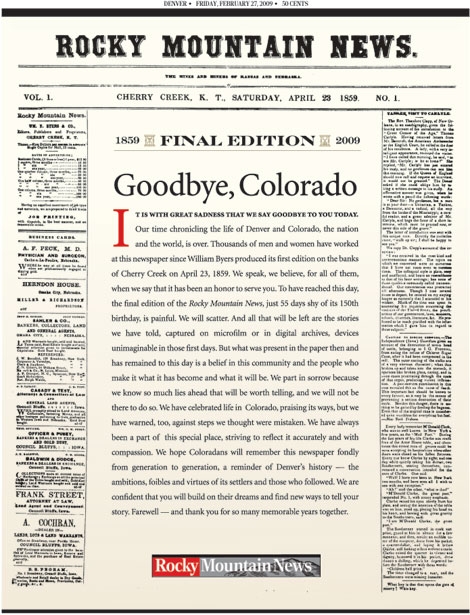 Final Rocky Mountain News front page