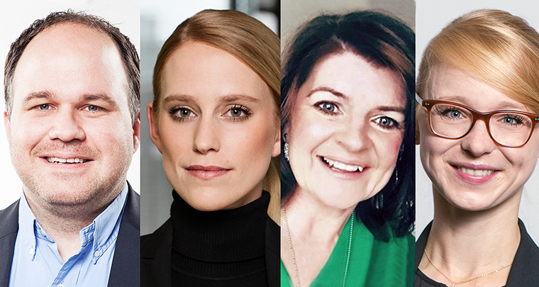 INMA European Board leadership: Gerold Riedmann, CEO and chief editor at Russmedia; Nina Ranke, publishing director business media at Ringier Axel Springer; Eimear Moran, media solutions director, The Irish Time; Melina Lohmann, innovations manager and customer entertainment officer, NWZ Mediengruppe.