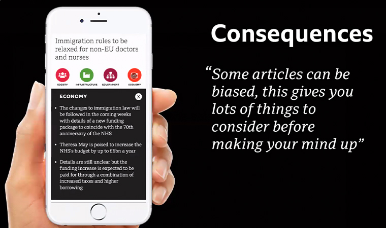 The Consequences prototype shares the potential future impact of a news story.