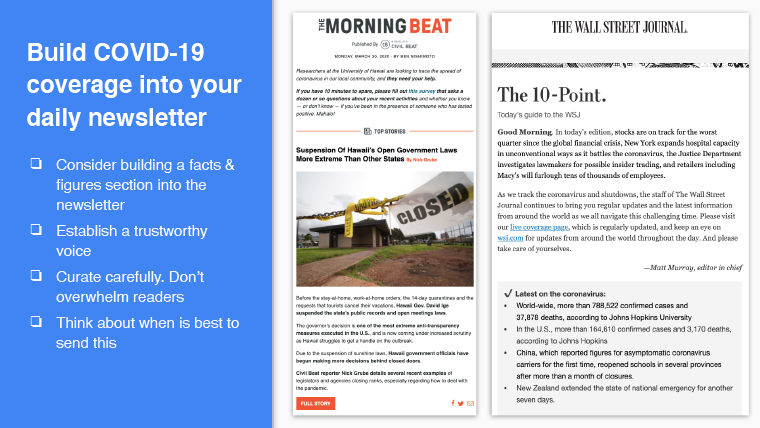 Dan Oshinsky of Inbox Collective suggested that some publishers might build COVID-19 coverage into existing newsletters.