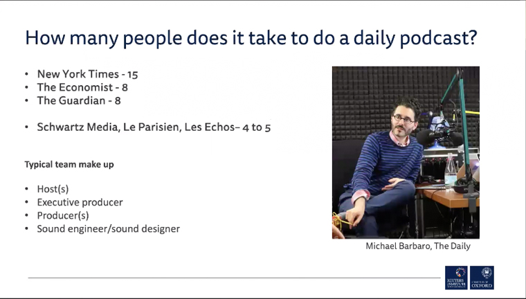 The typical podcast team at a news publisher consists of 4-8 people.